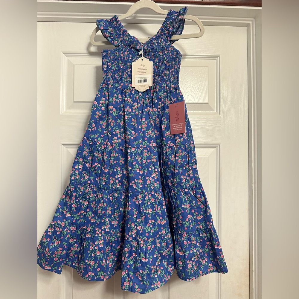 Ivy City Co Blue Floral mini Hailey Smocked Maxi Dress with Pink Flowers